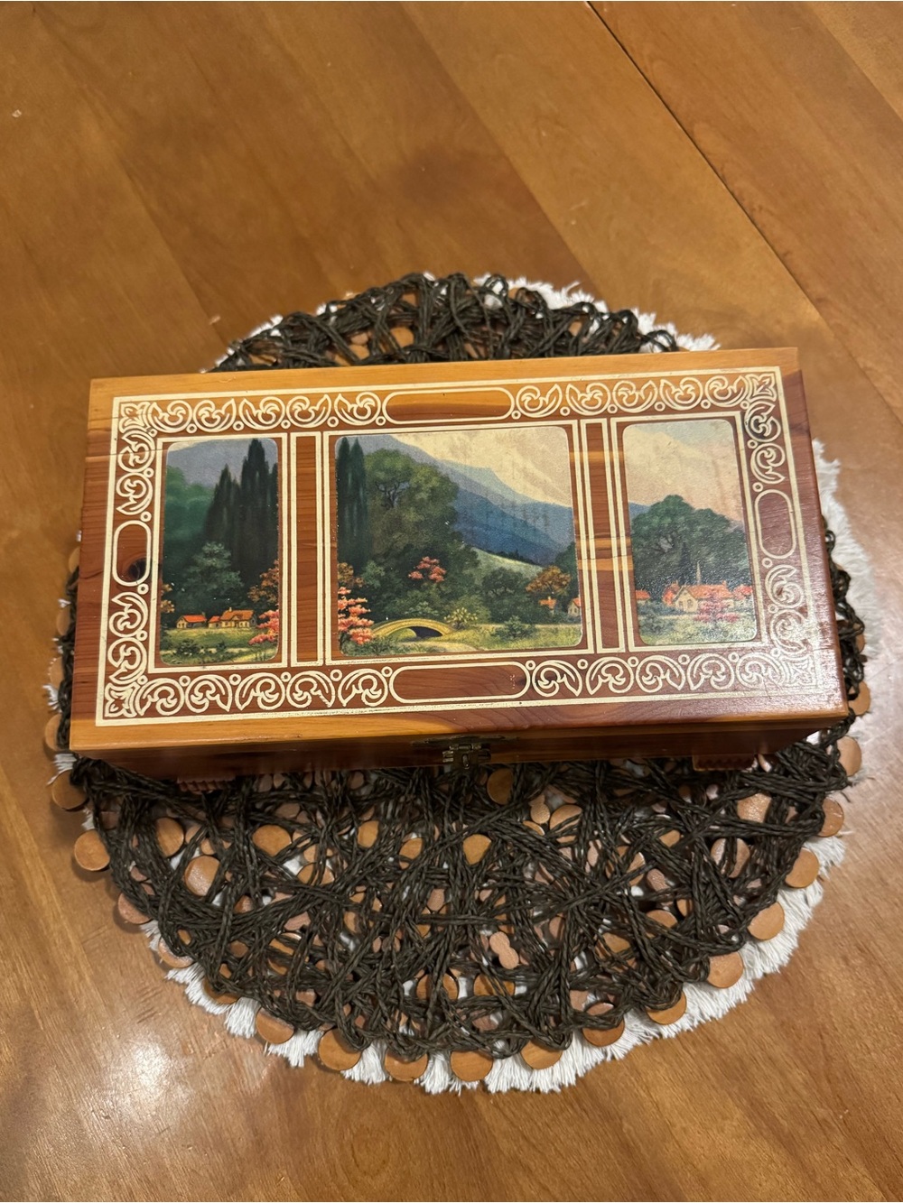 Vintage Decorative Wooden Trinket Box with Scenic Mountain Inlay - Brown Wood